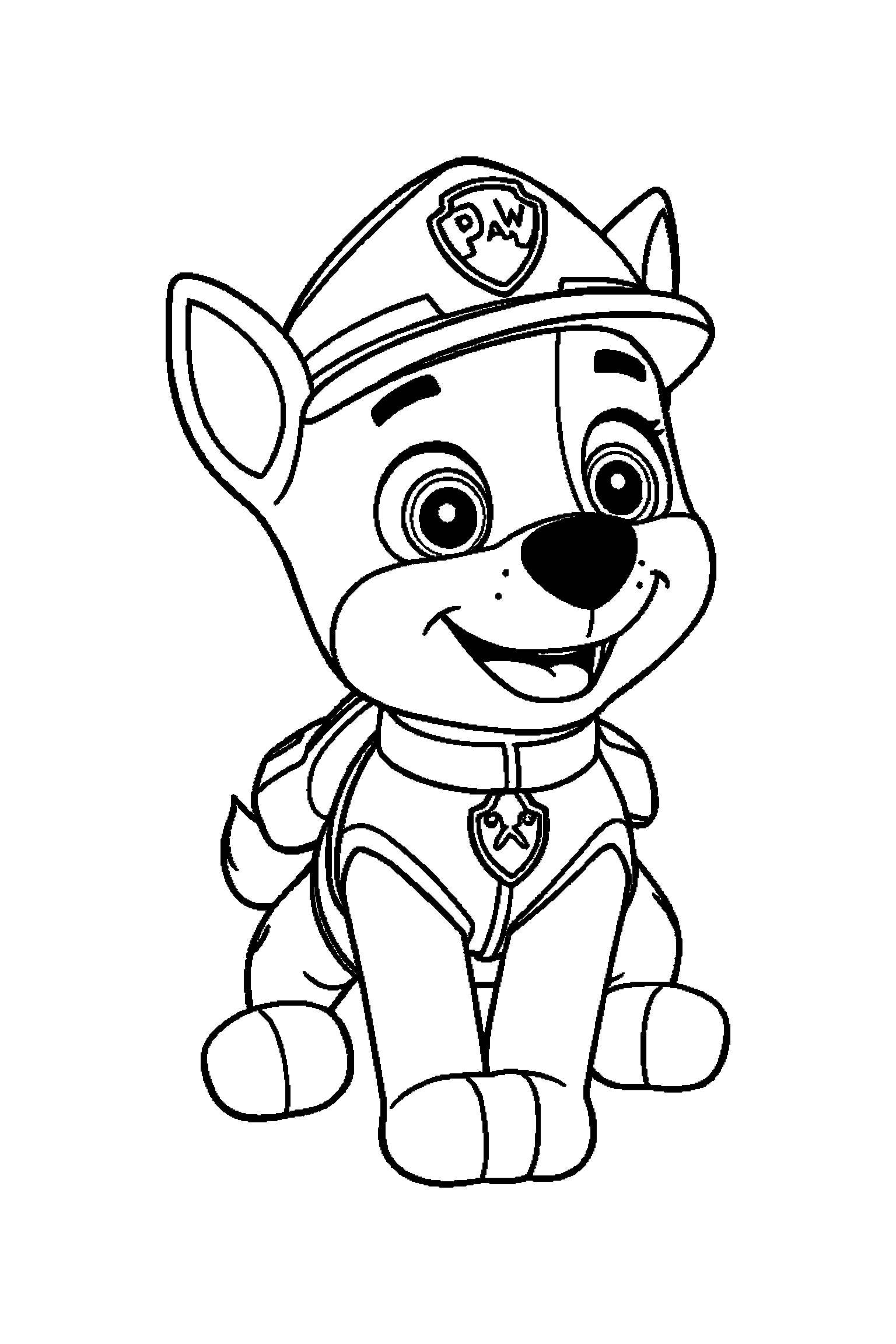 Coloriage Pat Patrouille gratuit à imprimer : Chase assis qui sourit de tout son cœur
