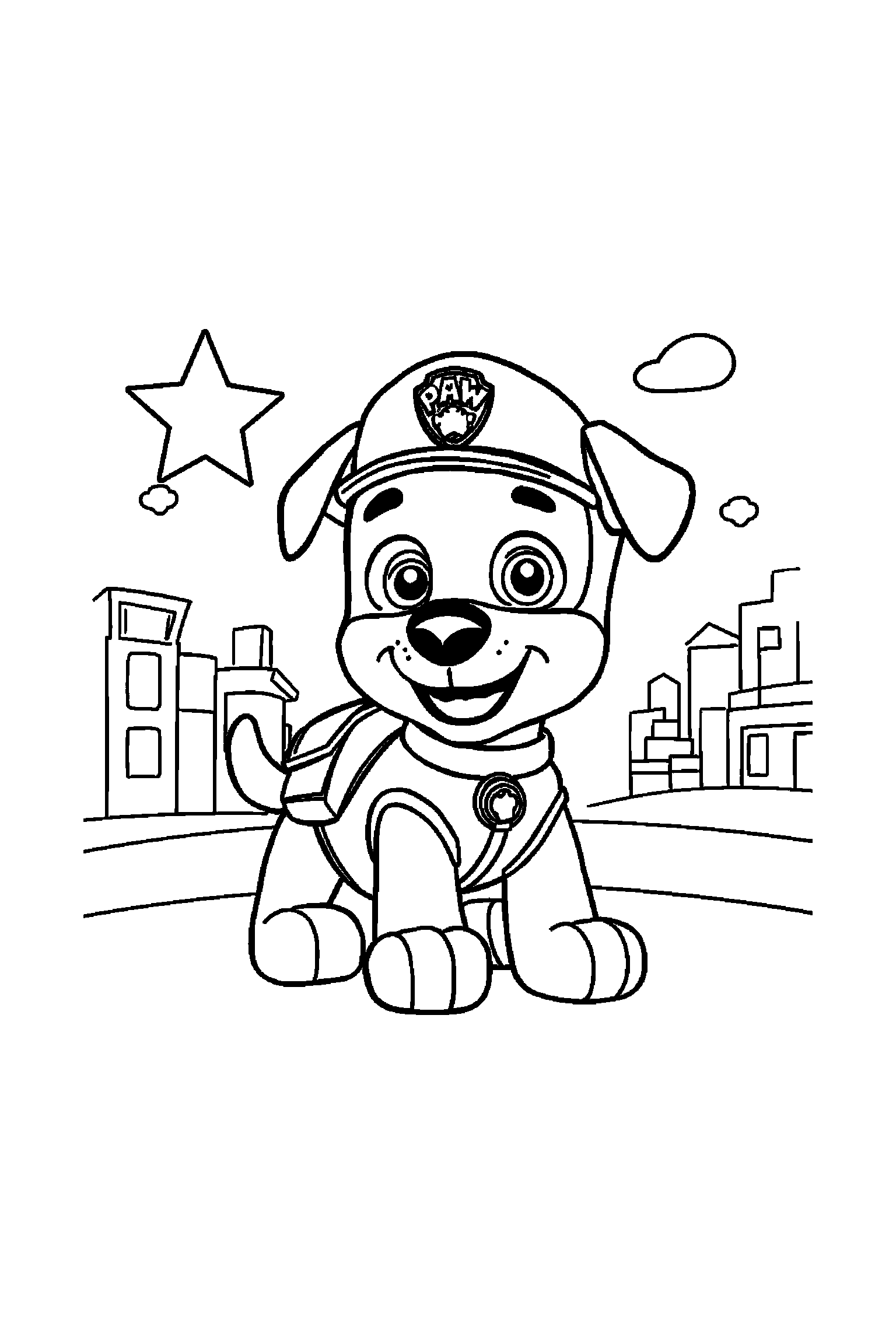 Coloriage Pat Patrouille gratuit à imprimer : Chase en grand au centre avec une étoile simple