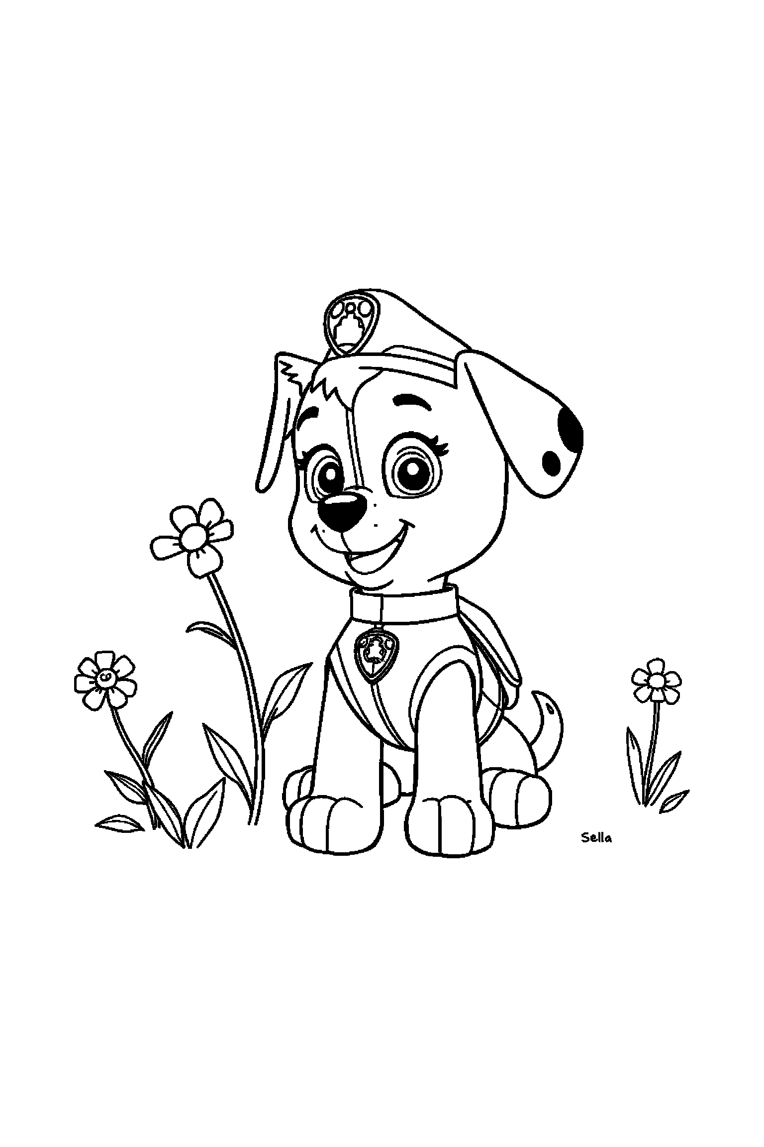 Coloriage Pat Patrouille gratuit à imprimer : Stella tenant une fleur