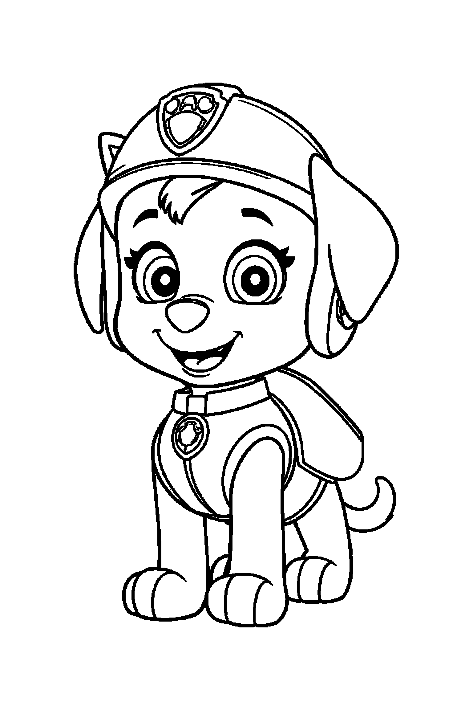 Coloriage Pat Patrouille gratuit à imprimer : Stella qui montre un casque avec un bras bien attaché au corps