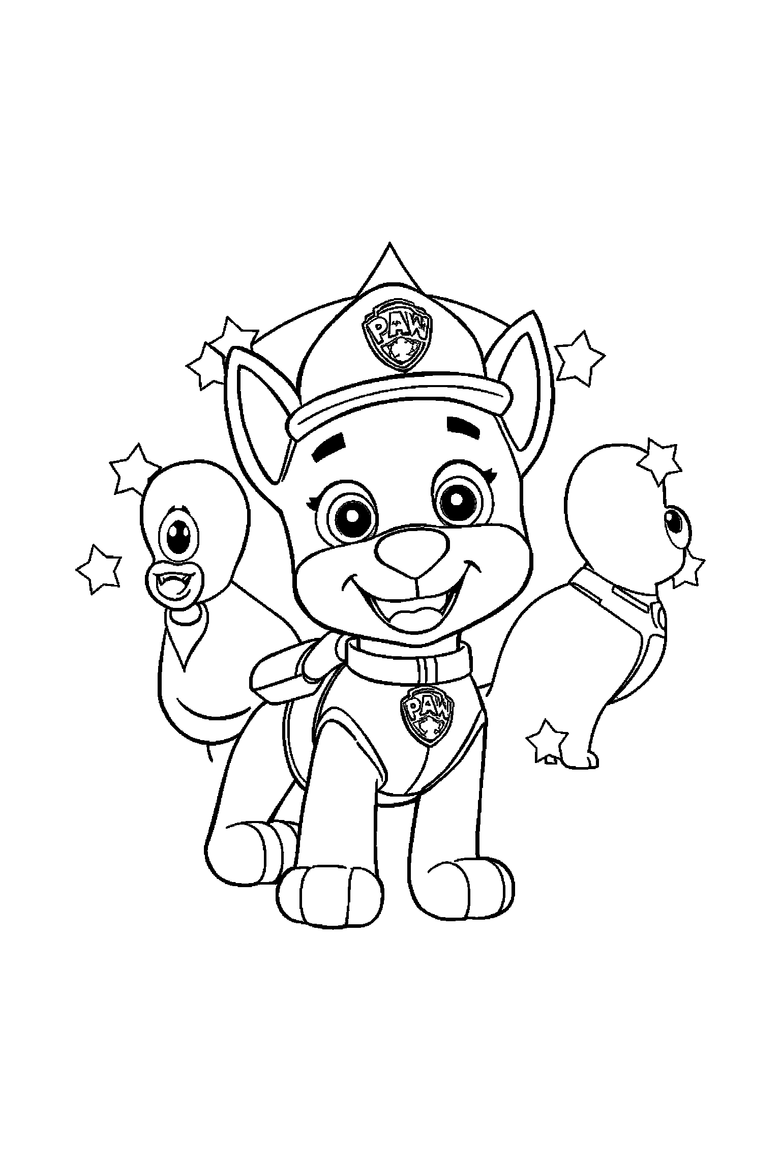 Coloriage Pat Patrouille gratuit à imprimer : Ruben souriant devant un grand motif sirènes