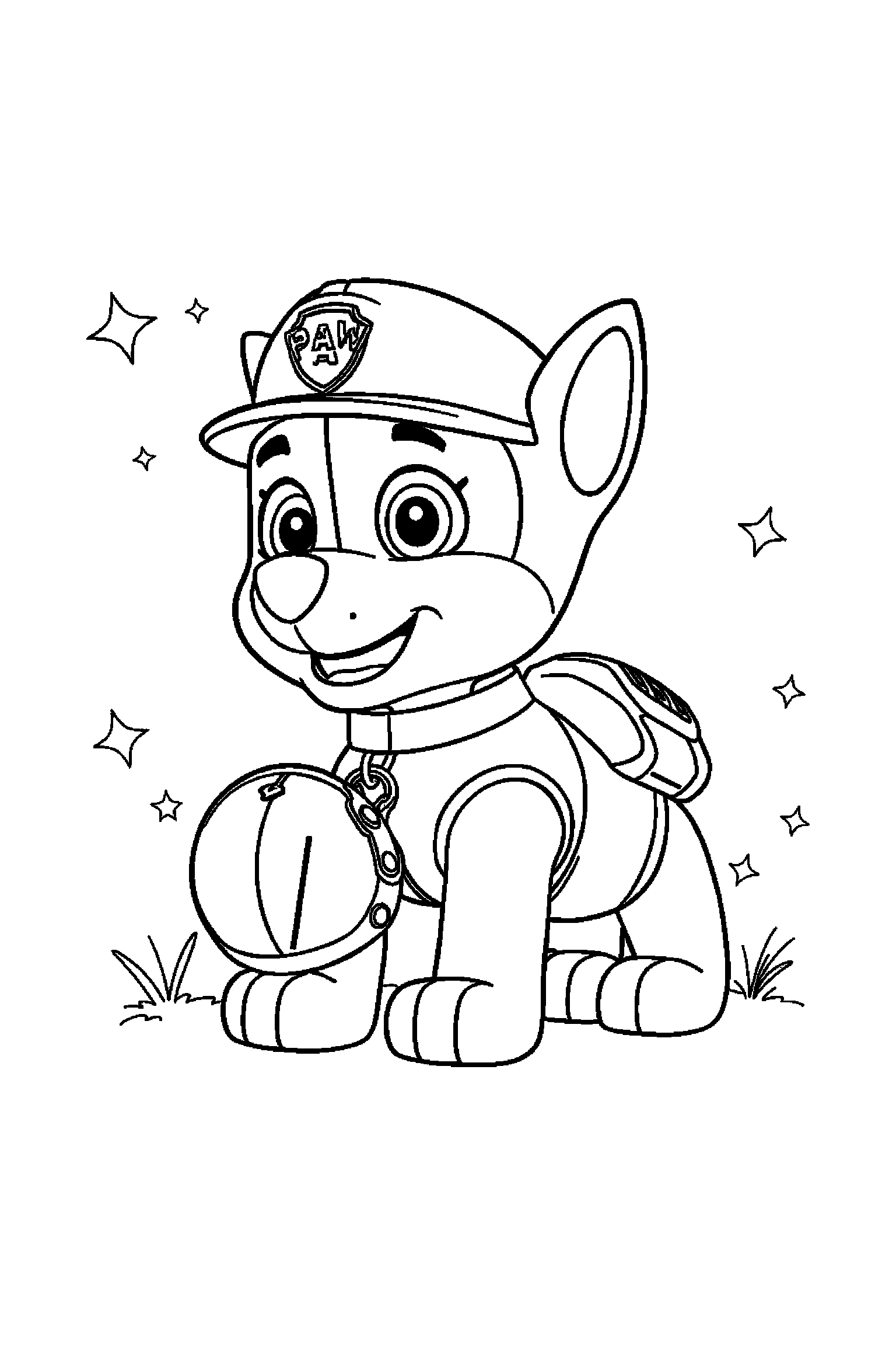 Coloriage Pat Patrouille gratuit à imprimer : Chase tenant un casque devant lui