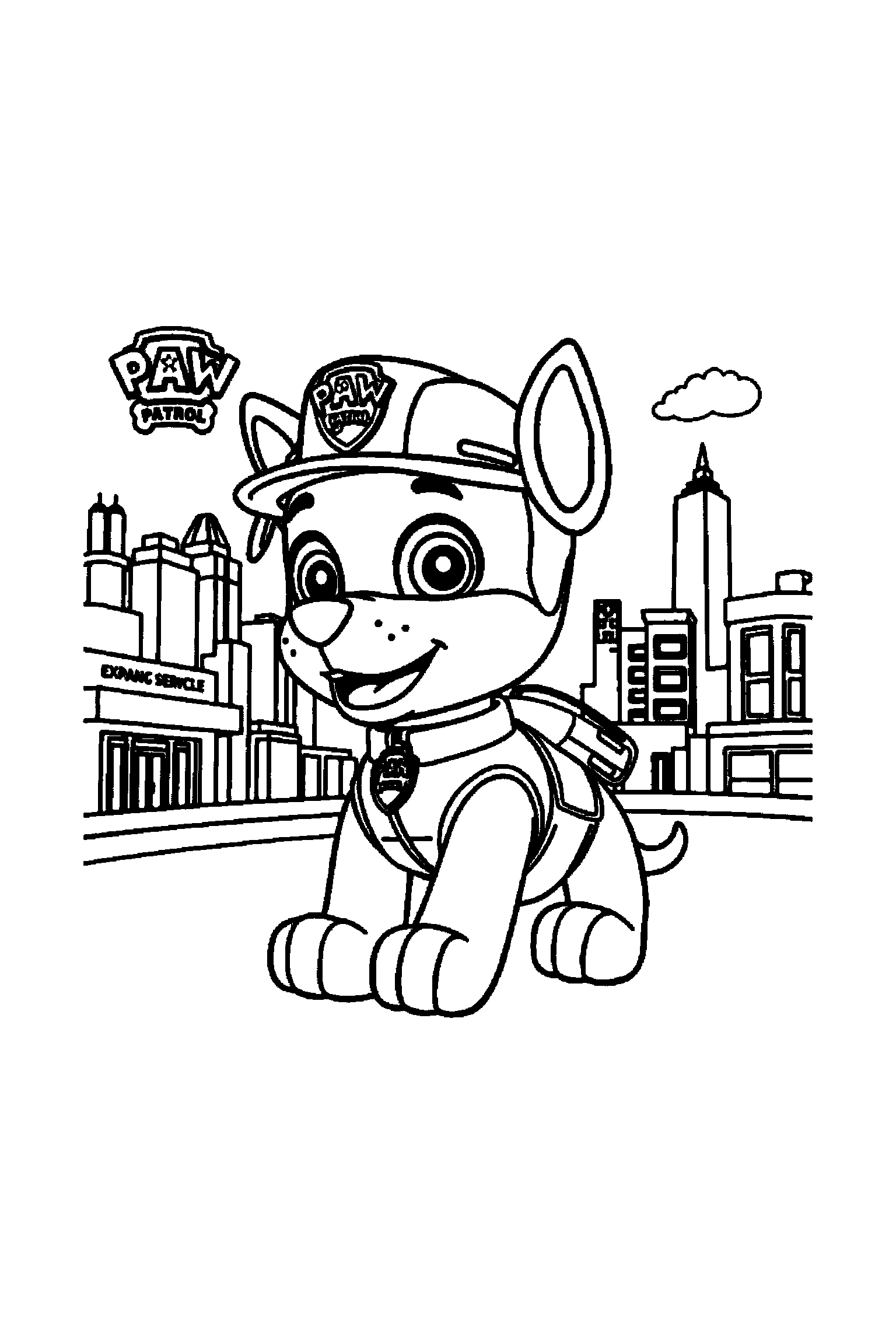Coloriage Pat Patrouille gratuit à imprimer : Marcus en grand au centre avec un petit badge