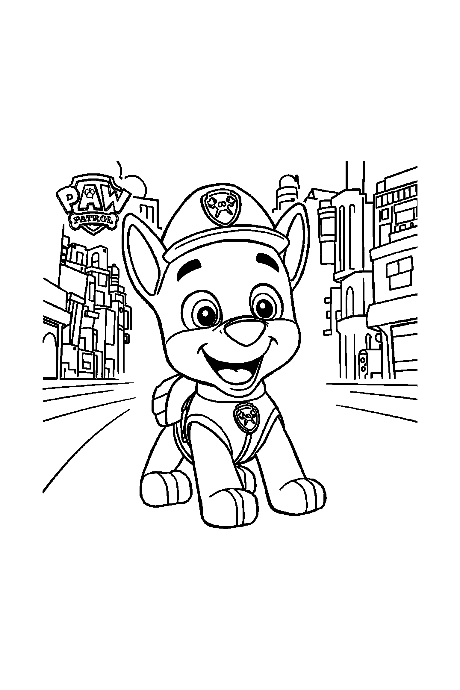 Coloriage Pat Patrouille gratuit à imprimer : Chase en grand devant sa tour de contrôle simplifiée