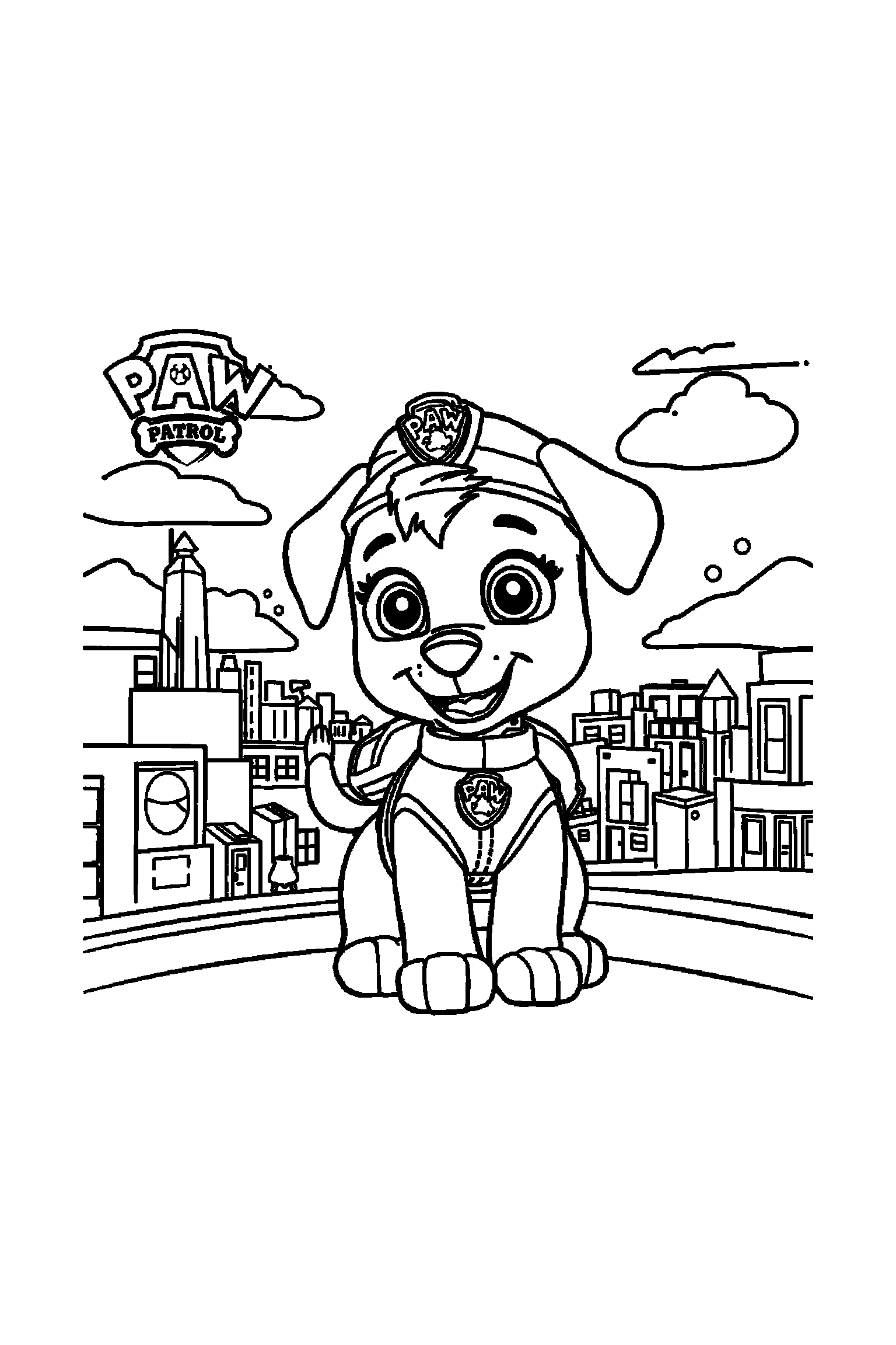 Coloriage Pat Patrouille gratuit à imprimer : Stella en grand avec trois nuages simples