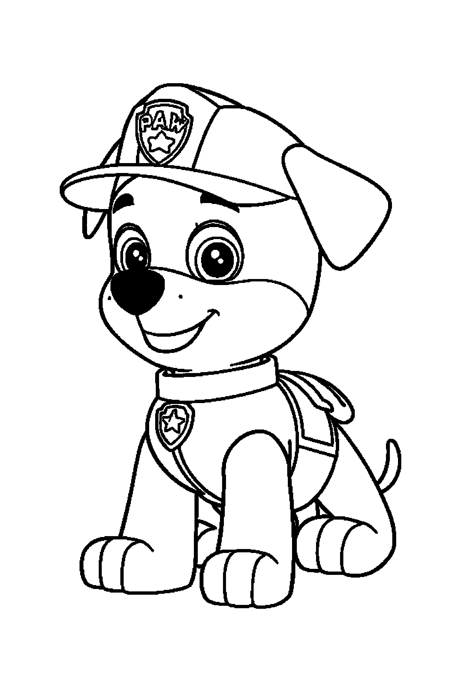 Coloriage Pat Patrouille gratuit à imprimer : Ruben assis en grand, fond blanc avec deux étoiles