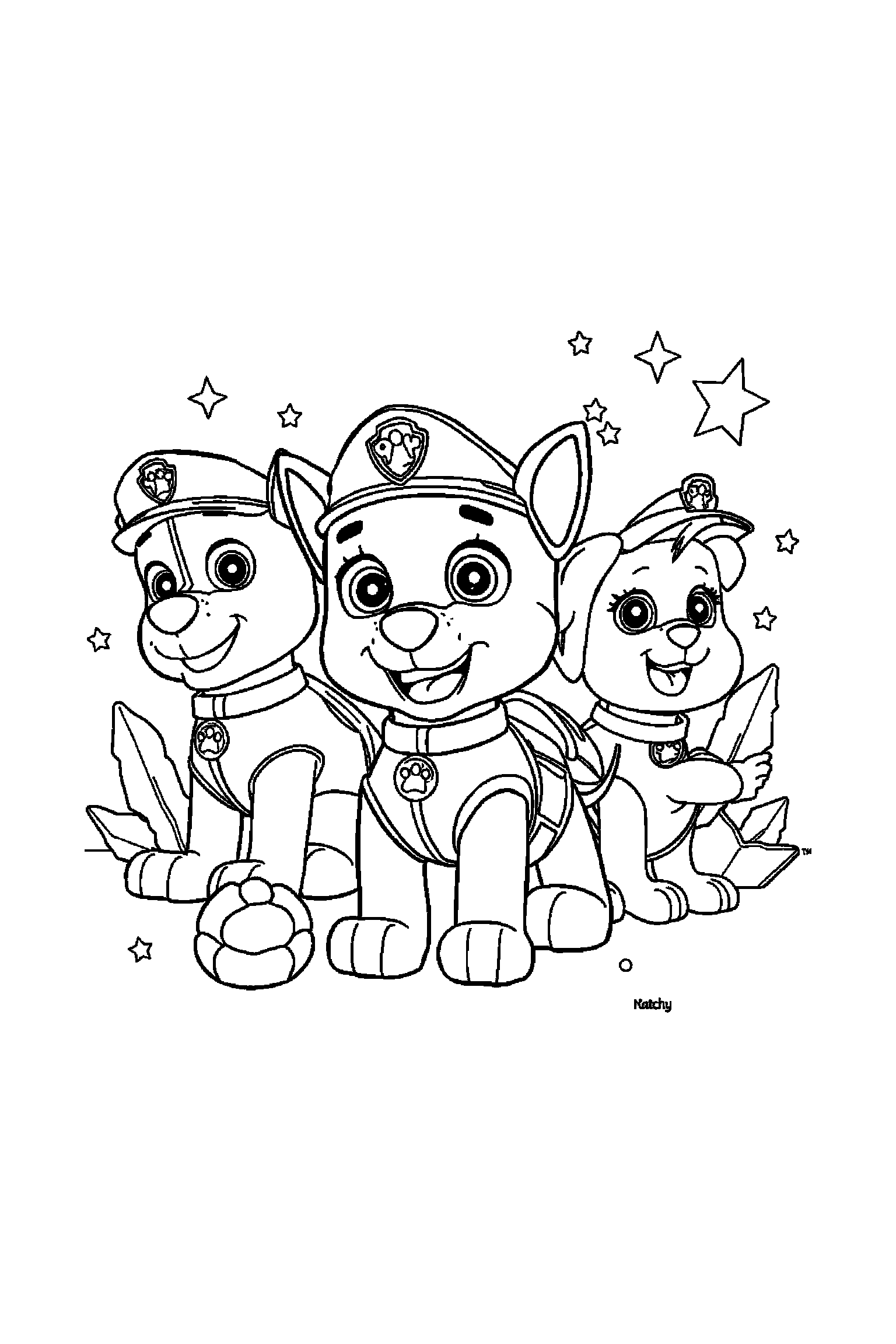 Coloriage Pat Patrouille gratuit à imprimer : Ruben au milieu de grands éléments faciles