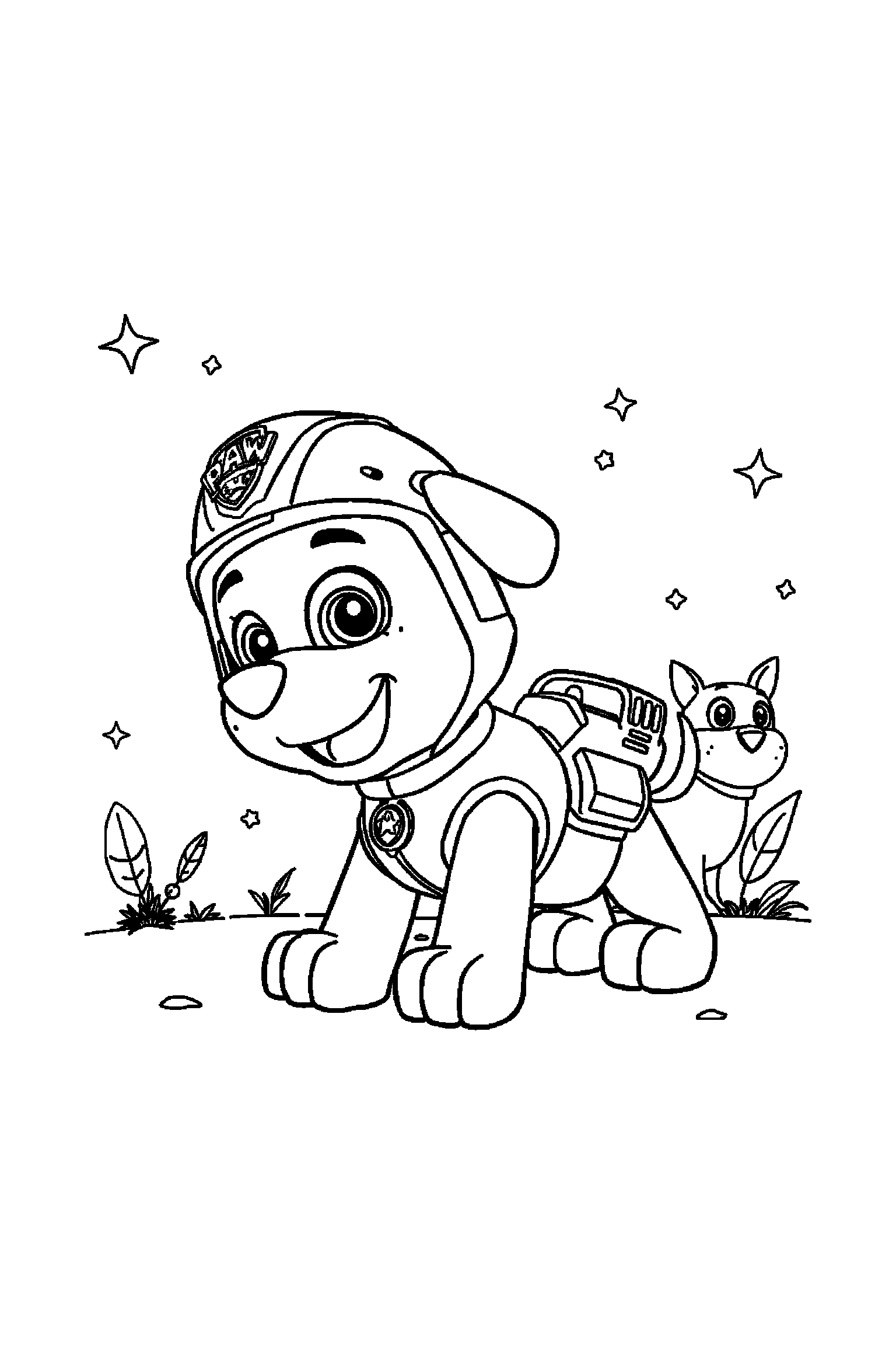 Coloriage Pat Patrouille gratuit à imprimer : Rocky avec un casque sur un fond clair