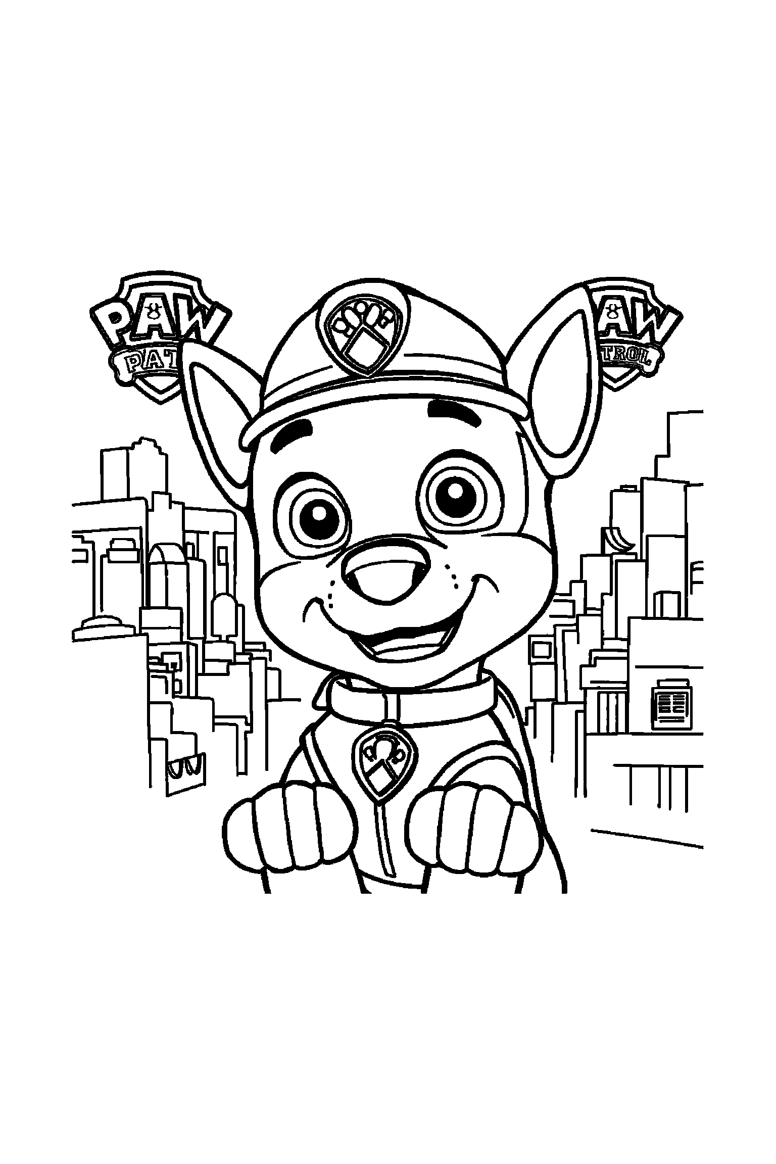 Coloriage Pat Patrouille gratuit à imprimer : Chase en grand portrait avec quelques badges simples