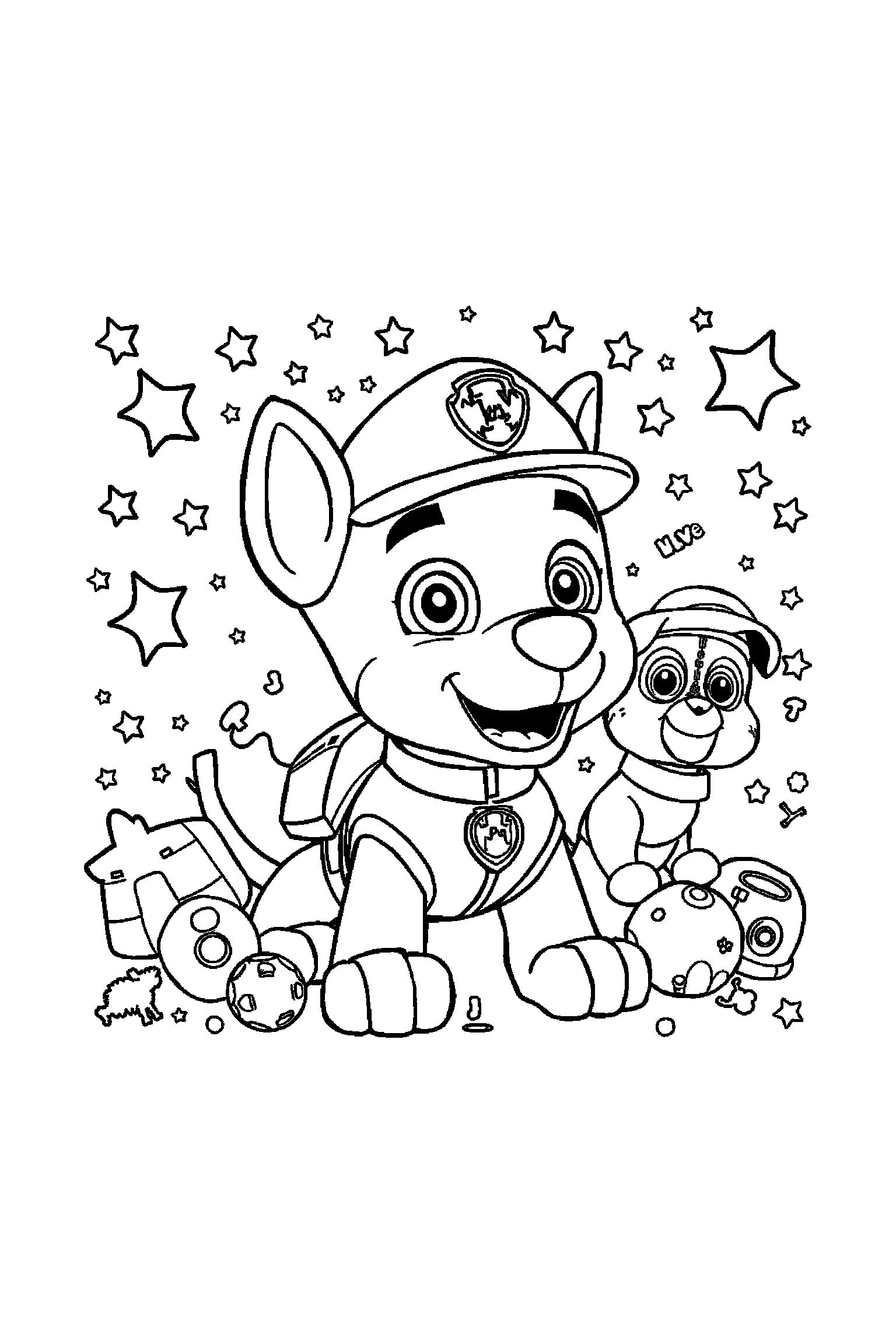 Coloriage Pat Patrouille gratuit à imprimer : Marcus entouré par des motifs étoiles et de petits objets