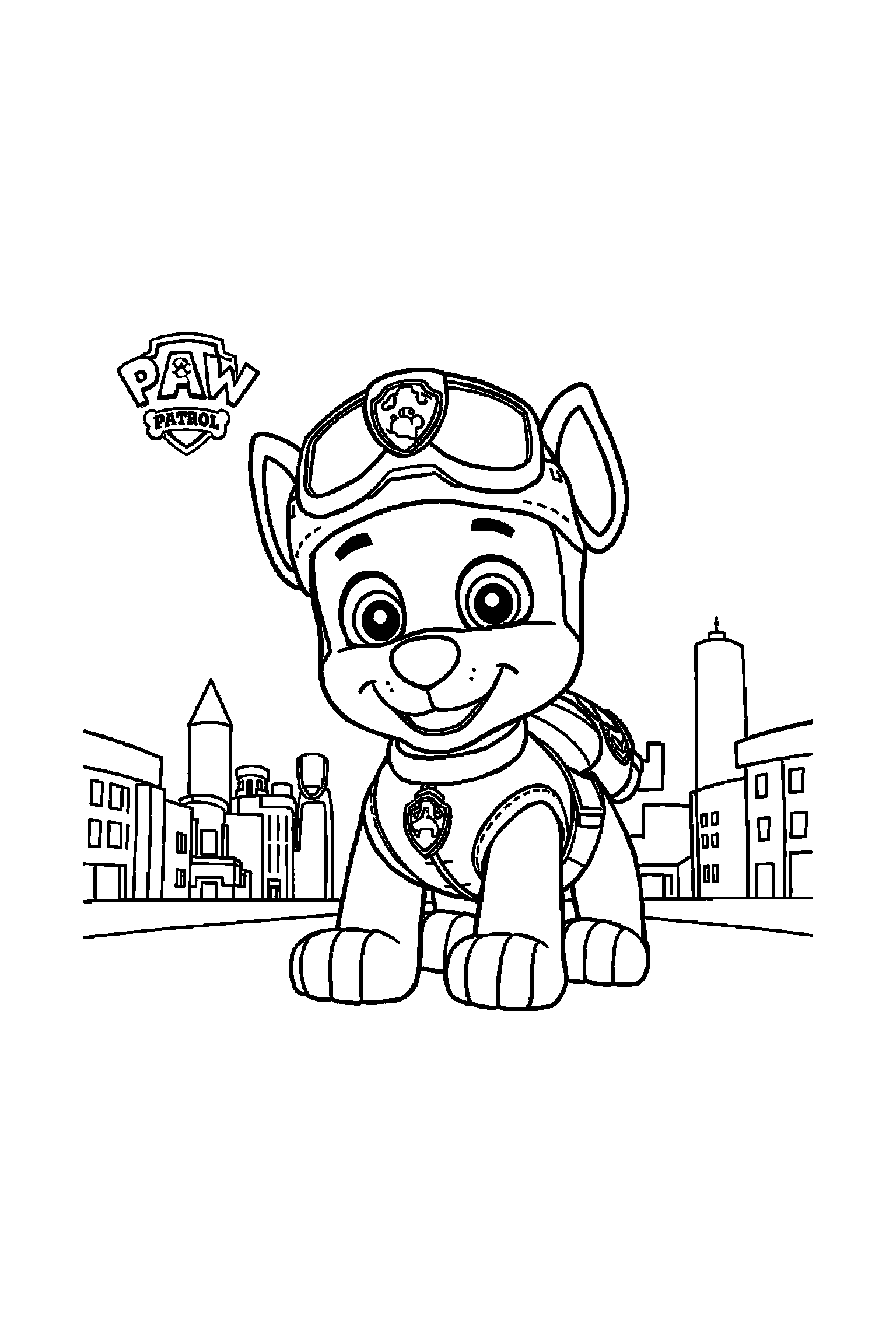Coloriage Pat Patrouille gratuit à imprimer : Marcus en grand avec casque et fond blanc simple