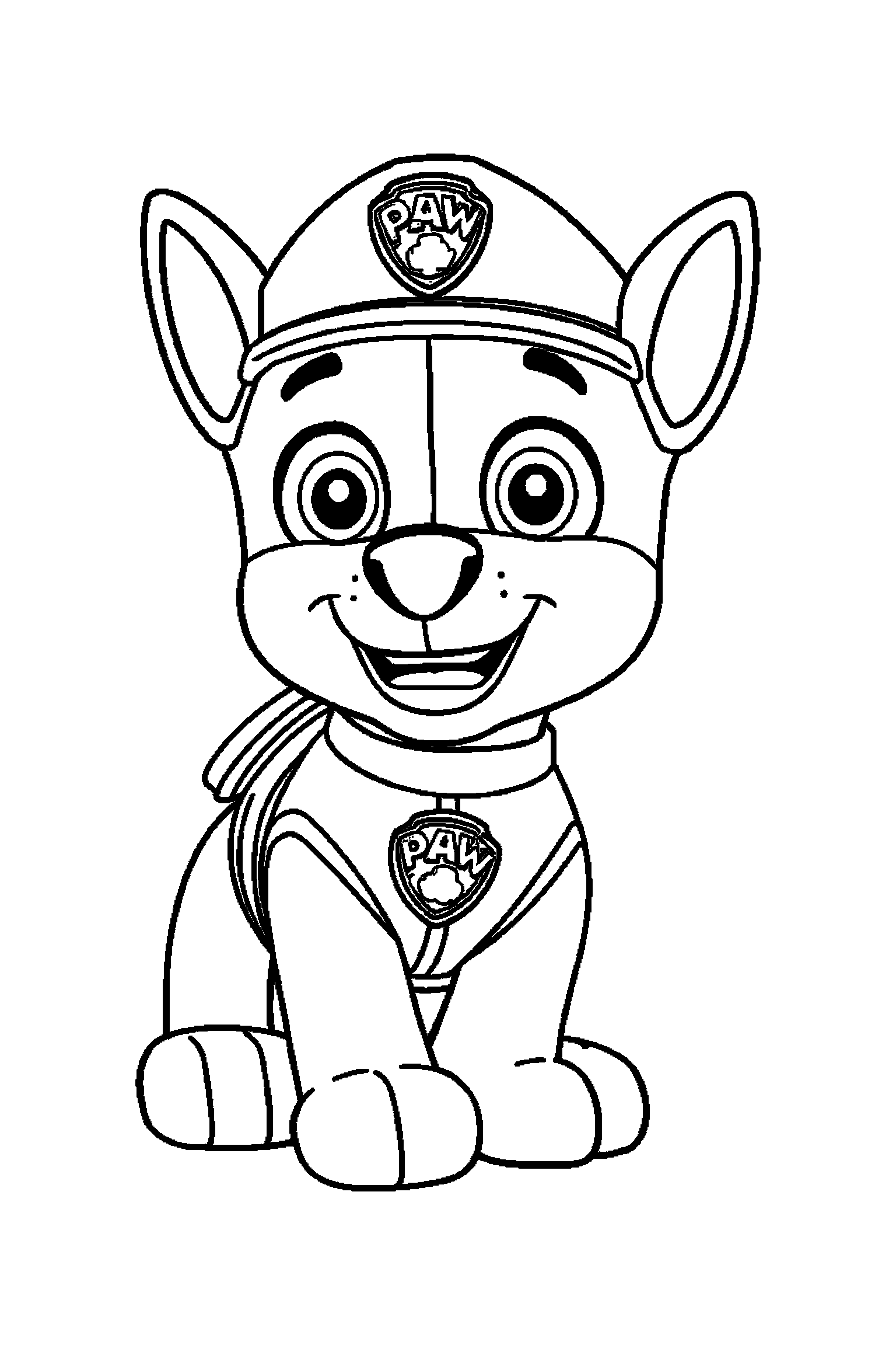Coloriage Pat Patrouille gratuit à imprimer : Chase en grand sourire avec badge et fond blanc simple