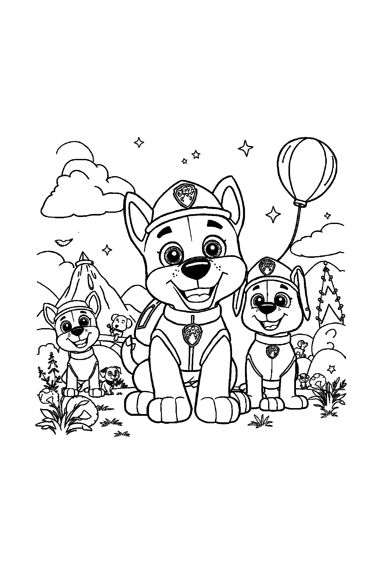 Coloriage Pat Patrouille gratuit à imprimer : Rocky avec un ballon, nuages et arrière-plan complet