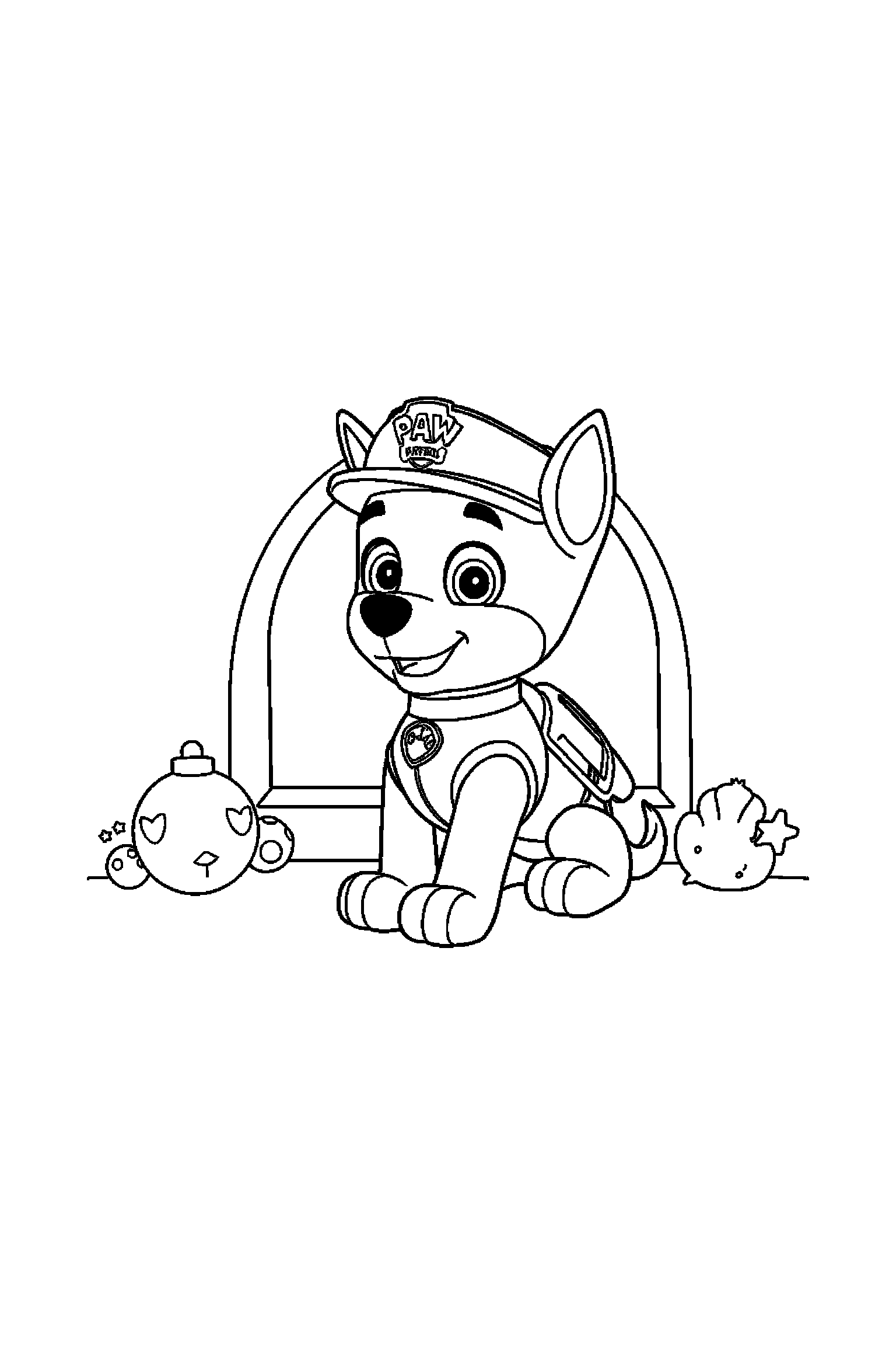 Coloriage Pat Patrouille gratuit à imprimer : Chase assis devant une niche simple sans badge ni texte