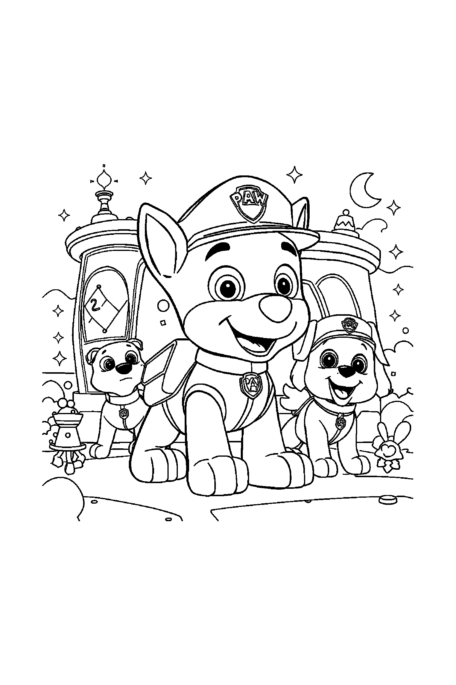 Coloriage Pat Patrouille gratuit à imprimer : Chase avec décor détaillé de la tour de contrôle