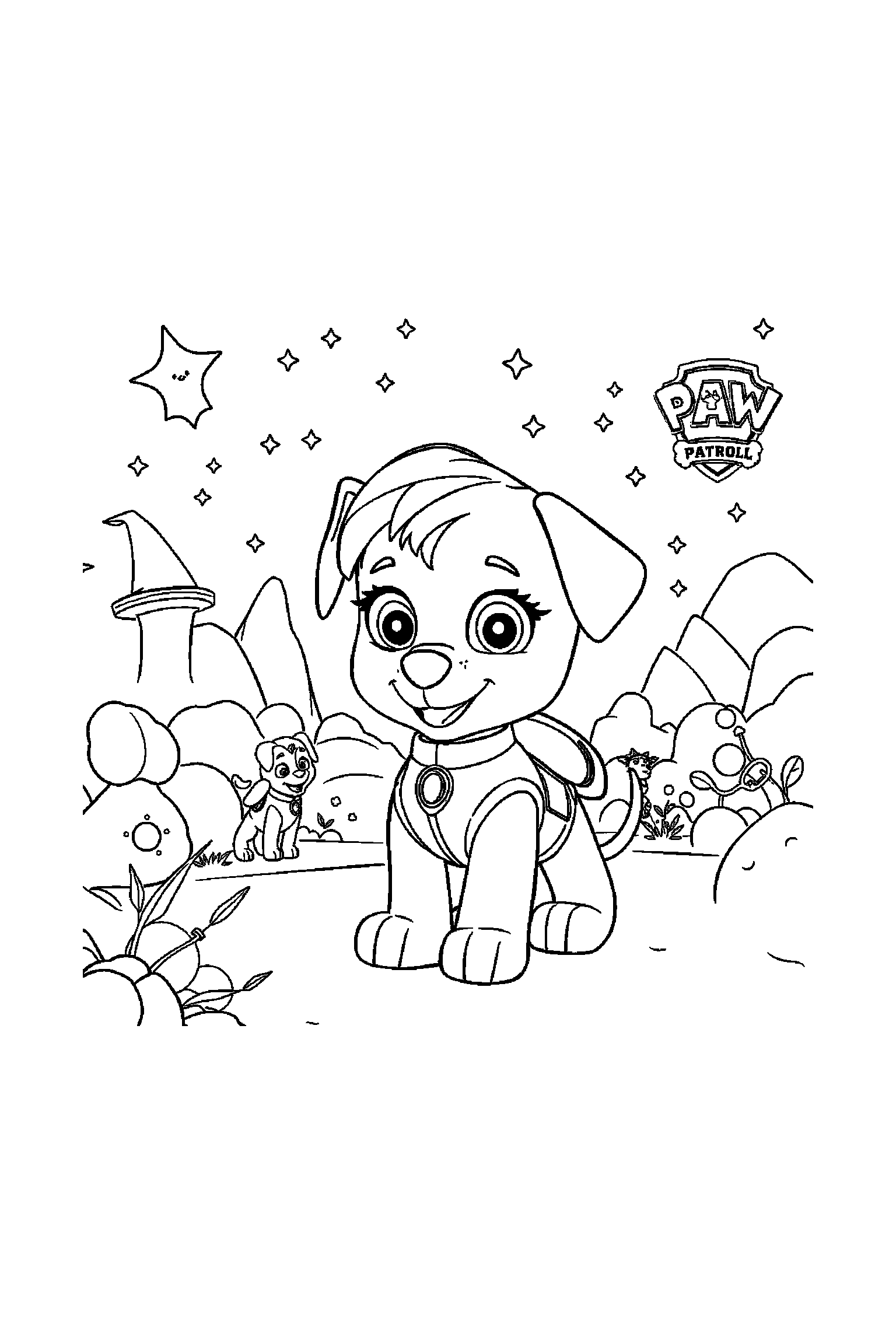 Coloriage Pat Patrouille gratuit à imprimer : Stella dans une scène verticale avec un os