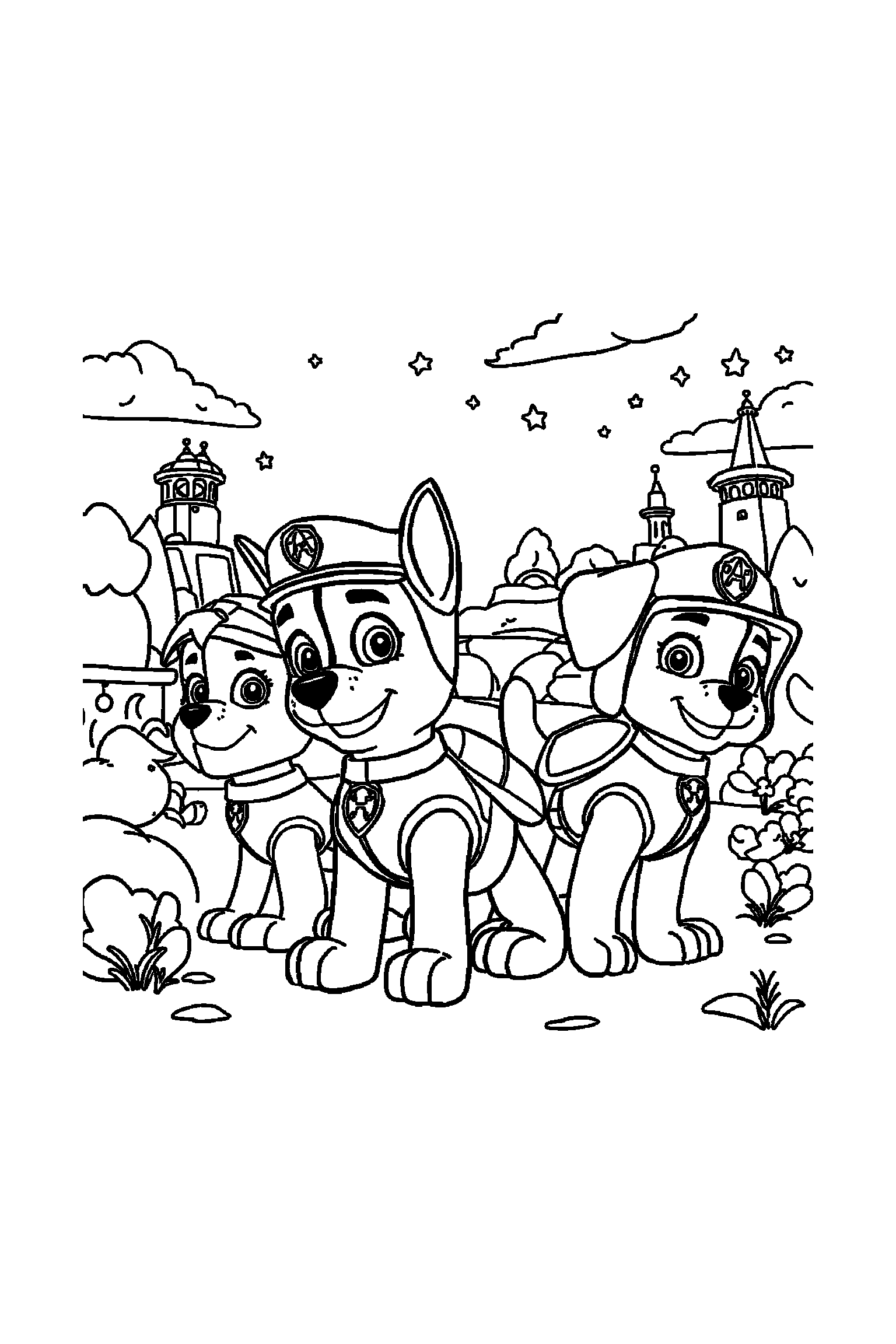 Coloriage Pat Patrouille gratuit à imprimer : les chiots de la Pat Patrouille avec arrière-plan complet à colorier