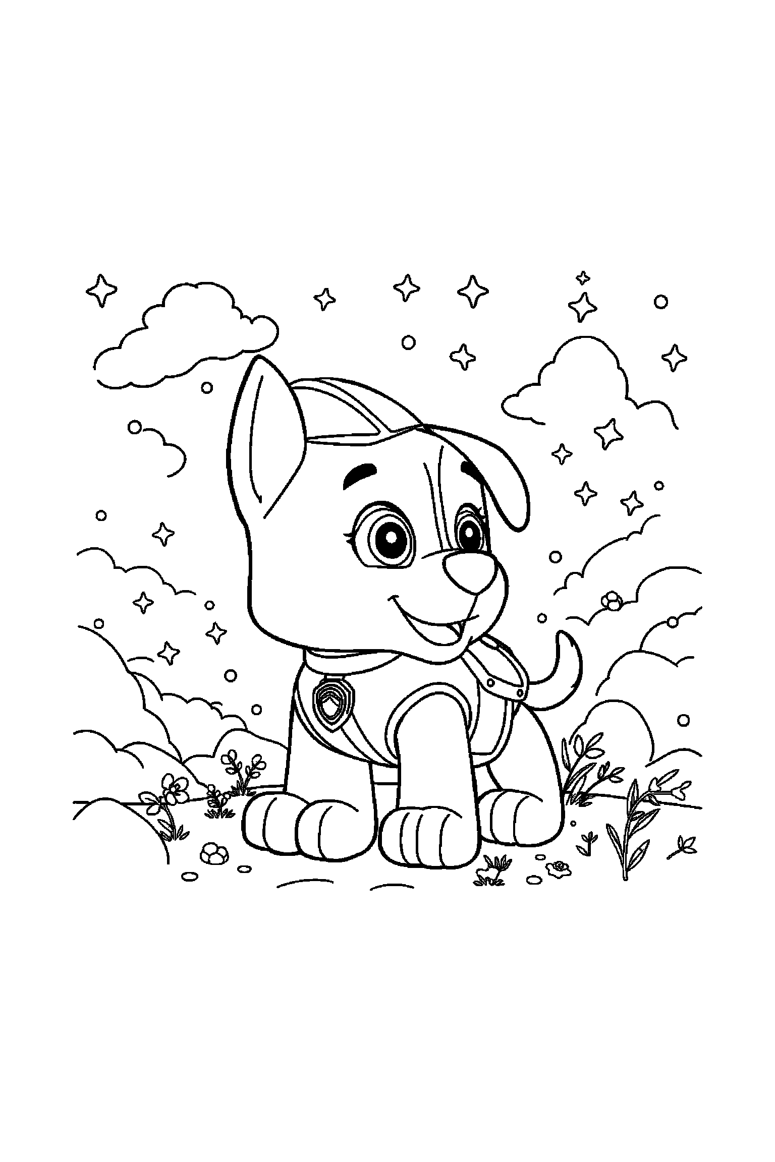 Coloriage Pat Patrouille gratuit à imprimer : Rocky entouré de nuages et petits détails