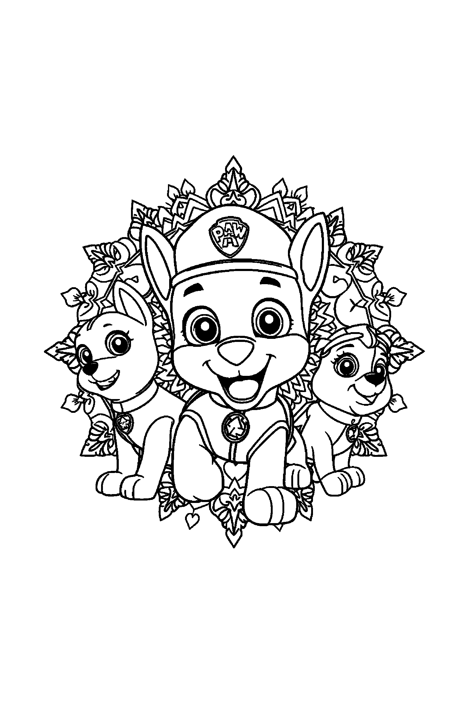Coloriage Pat Patrouille gratuit à imprimer : poster A4 détaillé de Chase avec mandala empreintes de pattes