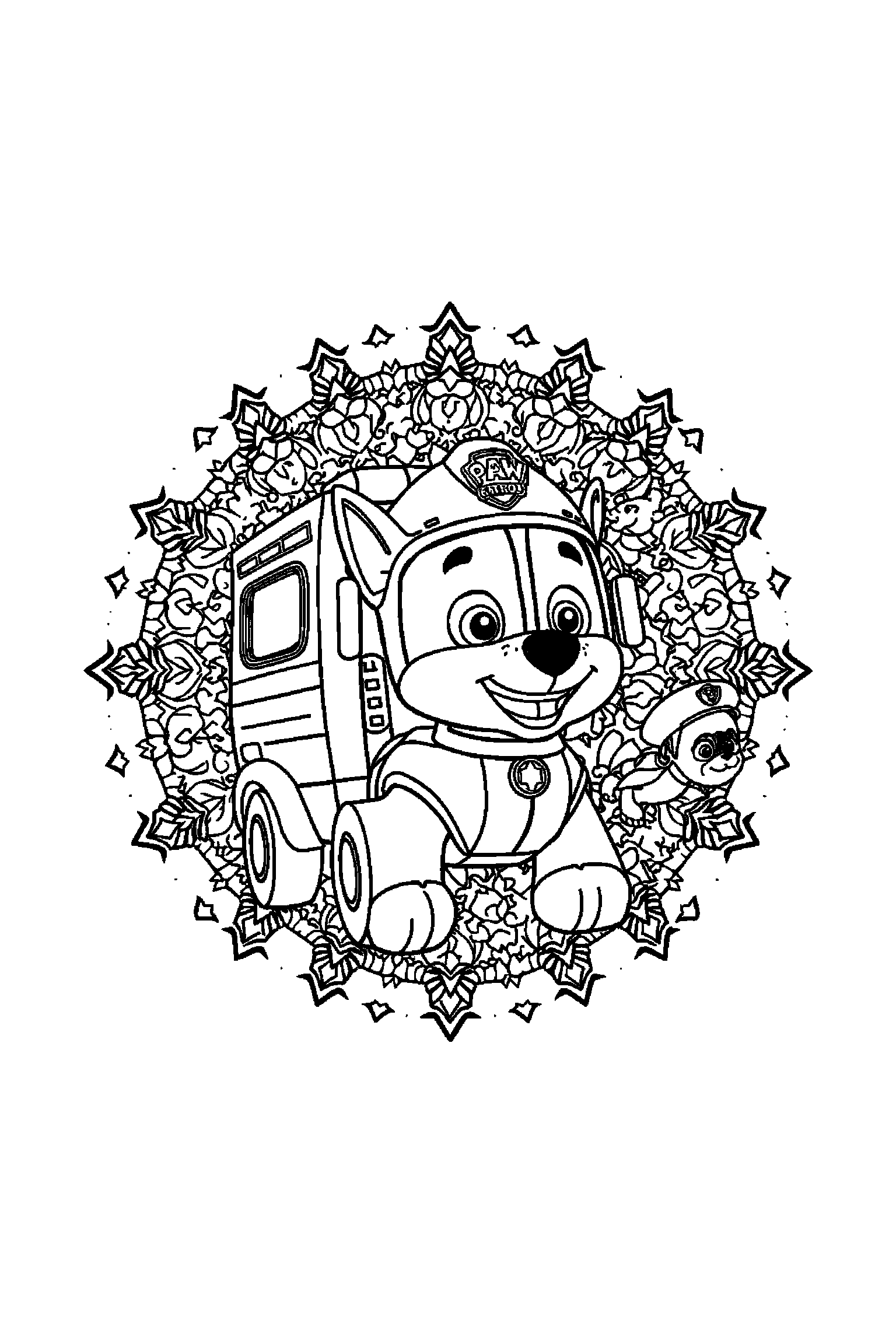 Coloriage Pat Patrouille gratuit à imprimer : Marcus au centre avec scène détaillée de un camion de secours