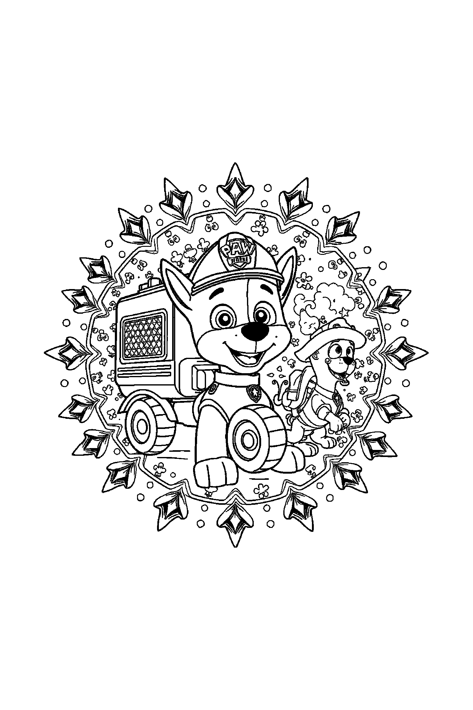 Coloriage Pat Patrouille gratuit à imprimer : Ryder au centre avec scène détaillée de un camion de secours