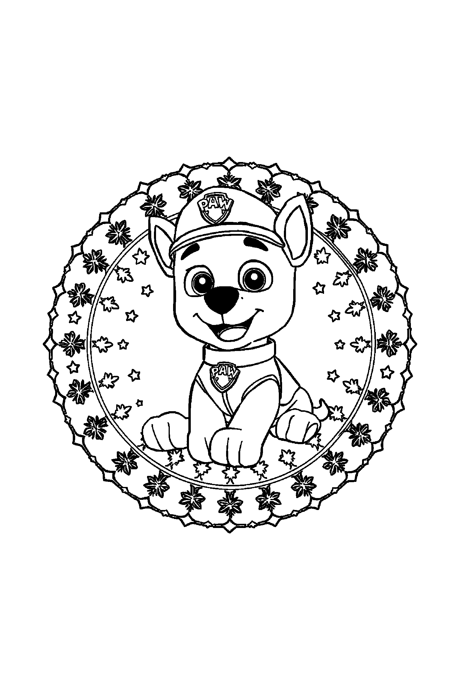 Coloriage Pat Patrouille gratuit à imprimer : Marcus assis dans un mandala de petites etoiles sans texte