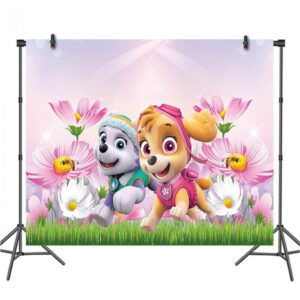 Toile de fond anniversaire Pat Patrouille fleurs Everest et Stella 80x120 cm